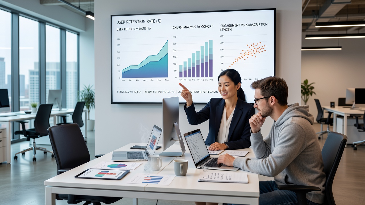 Analytics interface displaying user cohort retention curves and engagement trends